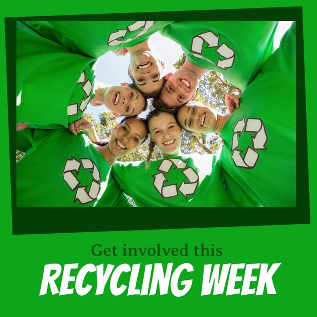 Image shows a diverse group of volunteers huddling together, wearing green shirts with recycling symbols, encouraging community involvement in recycling efforts. Ideal for promoting environmental awareness campaigns, community clean-ups, sustainability events, and eco-friendly lifestyles.