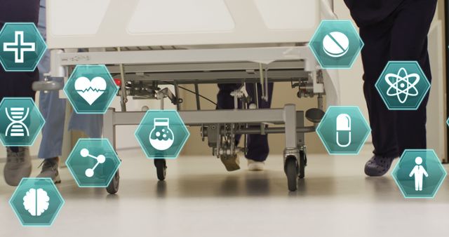 Medical Team Pushing Hospital Bed with Healthcare Icons Overlay - Download Free Stock Images Pikwizard.com