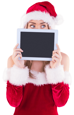 Transparent Santa Girl Holding Tablet Festive Technology