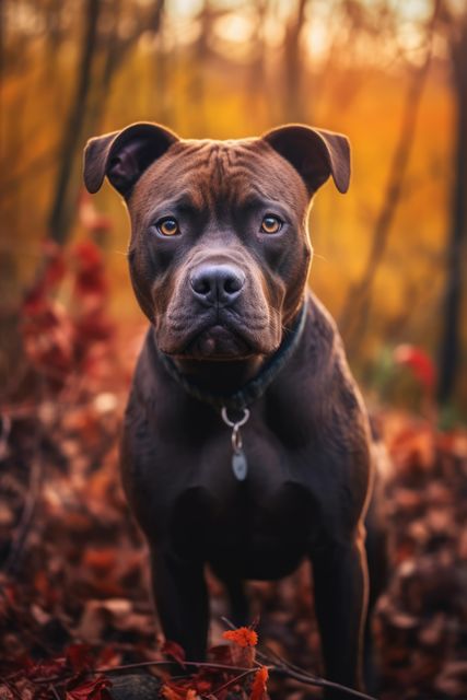 Portrait of black and brown pitbull in autumn forest, created using generative ai technology - Download Free Stock Photos Pikwizard.com