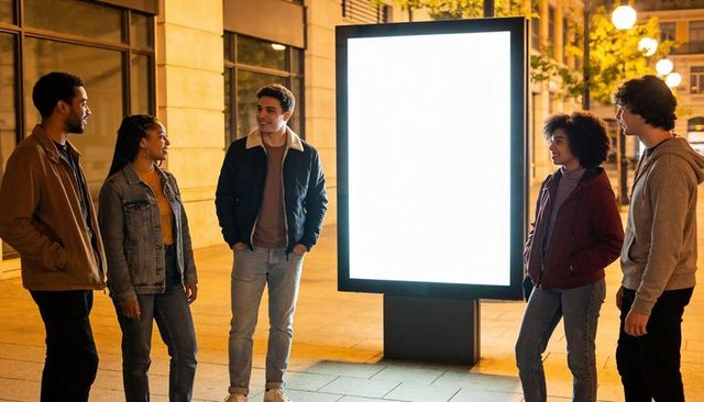 Friends in casual jackets chatting by illuminated blank billboard on urban street at night