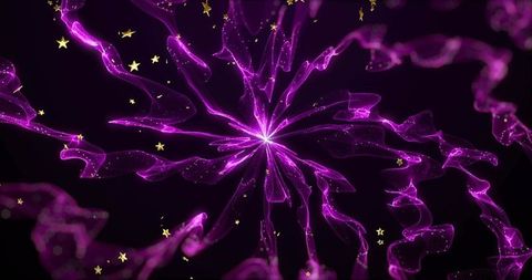 Magenta energy bloom radiating neon mesh ribbons with floating gold stars on dark