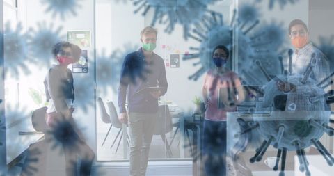 Team meeting with face masks amid covid-19 virus overlay