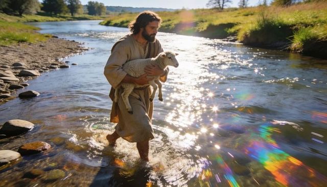 Bearded shepherd wading through sunlit stream carrying lamb on riverbank meadow