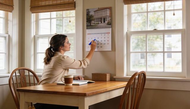 Woman marking wall calendar in sunlit kitchen nook planning schedule organizing routine