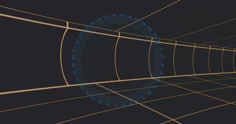 Golden wireframe tunnel with cyan hud protractor overlay, futuristic 3d digital corridor