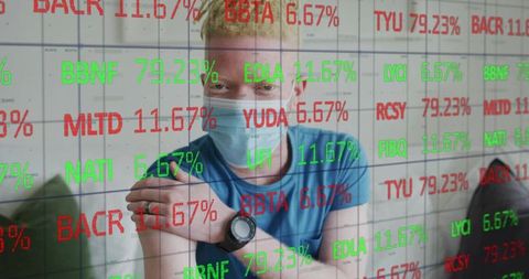 Young man pulling sleeve for vaccination with financial stock data overlaying