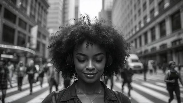 Urban commuter walking with over-ear headphones through busy city crosswalk, monochrome portrait