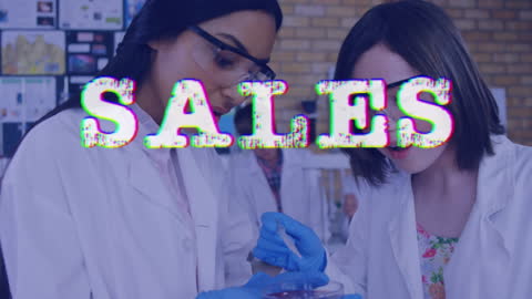 Sales Text Overlay on Scientists Working in Laboratory