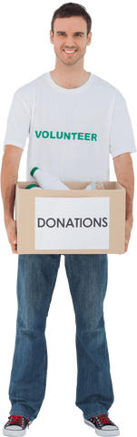Happy volunteer holding transparent donation box with bottles
