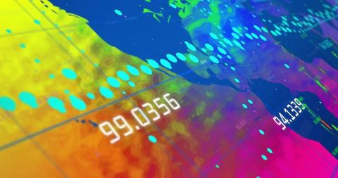 Displaying Neon Heatmap Dashboard with Numeric Overlay and Teal Dotted Data Path