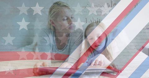 American Heritage: Mother and Daughter with Flag and Constitution Overlay