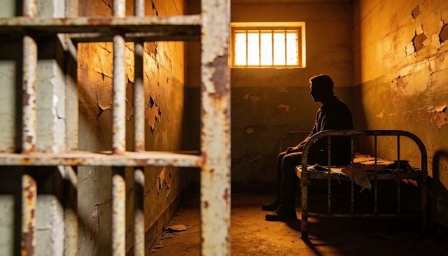Solitary confinement silhouette sitting on rusted bed in prison cell with backlit window