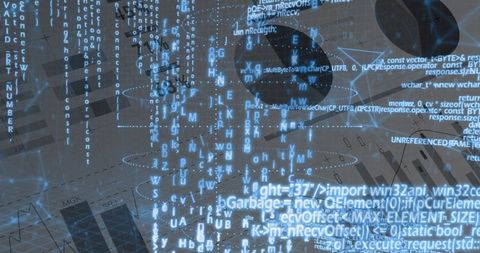 Streaming vertical code cascade glowing in digital network with wireframe nodes and data topology