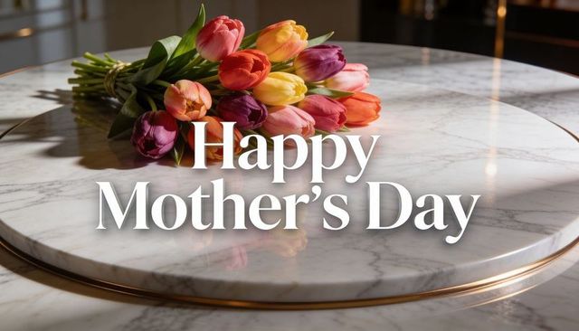 Colorful tulip bouquet on marble table for mother's day elegant greeting in warm light
