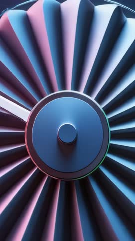 Vertical video showing turbine rotor spinning under pink and blue neon lighting, futuristic motion