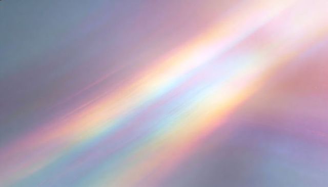 Glowing diagonal iridescent prism beam crossing soft pastel gradient refracted light