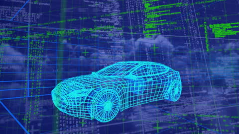Futuristic 3D Car Model with Data Visualization Grid