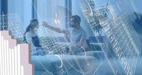 Team collaborating with augmented reality data dashboards showing graphs and analytics