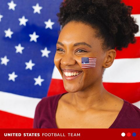 Supportive woman cheering for usa with flag face art