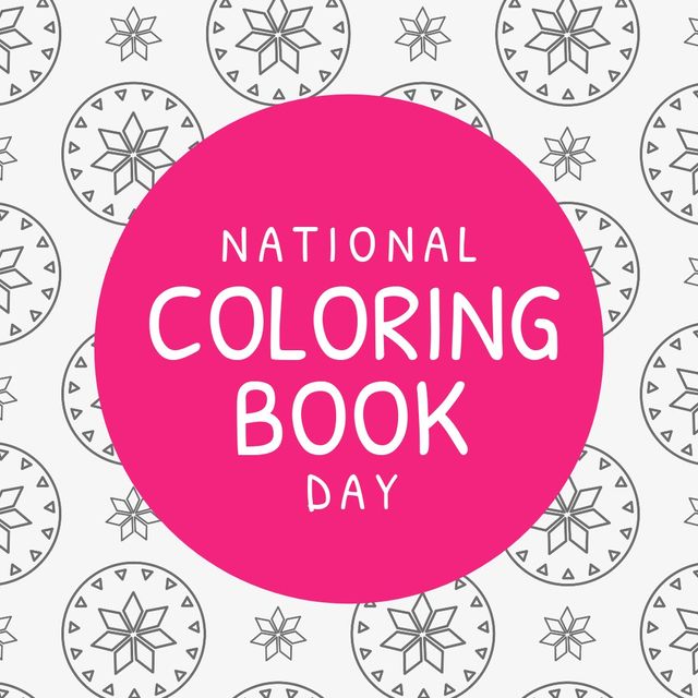 Illustration of national coloring book day text on pink circle and designs on white background. vector, art, copy space, coloring, recreational, healthcare, wellness and relaxation concept.