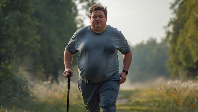 Determined overweight man walking with cane on meadow trail sweating, fitness journey