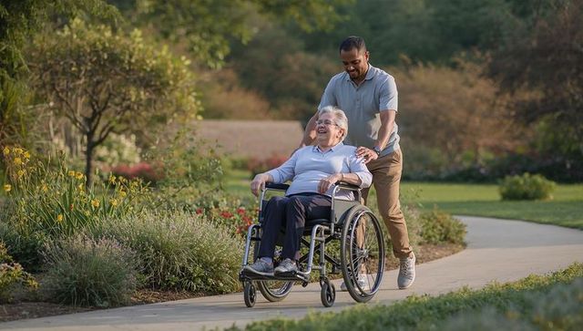 Caregiver Pushing Smiling Senior Woman in Wheelchair Along Garden Pathway, Outdoors