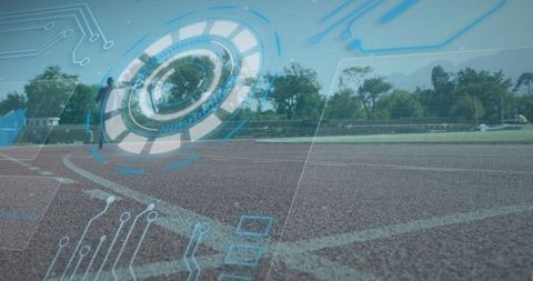 Athlete with prosthetic limb running on track with digital overlay