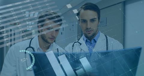 Doctors Analyzing Digital Data with Diagram Overlays in Hospital