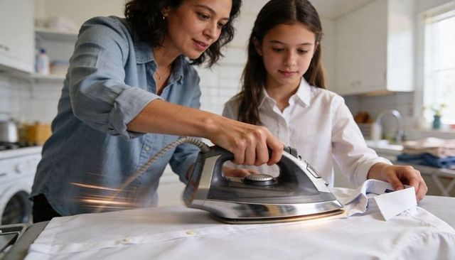Mother teaching daughter ironing skills with steam iron on white shirt in sunlit kitchen