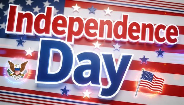 Celebrating independence day with 3d text, american flag, eagle emblem and stars