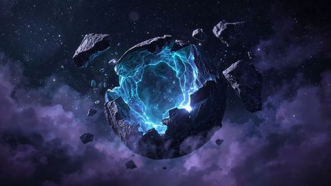 Ruptured Sphere Revealing Glowing Blue Core Amidst Cosmic Nebula