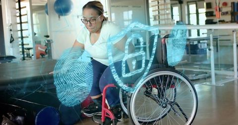 Woman leaning forward in rehab gym with wheelchair and biometric security overlay