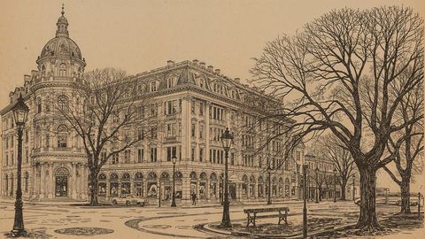Vintage european street with historical architecture and classic cars