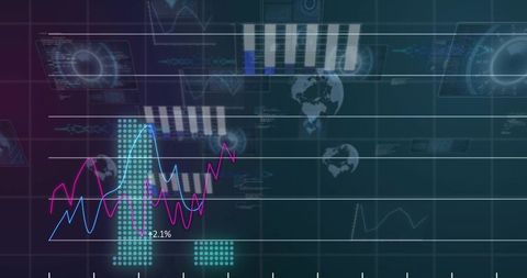 Centered Digital Analytics Dashboard Displaying Neon Trend Lines and Global Metrics
