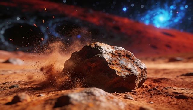 Mars-like rock kicking up red dust across barren alien plain under glowing blue nebula