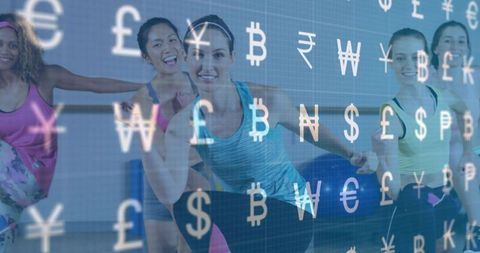 Women performing barre leg lifts with currency symbol overlay mixing fitness and finance