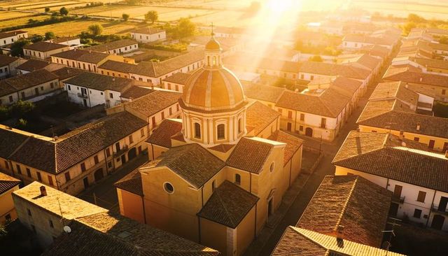 Drone capturing domed cathedral bathing terracotta rooftops in mediterranean golden hour