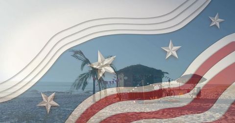 American flag overlay on tropical beach with palapa and palm trees for summer patriotism