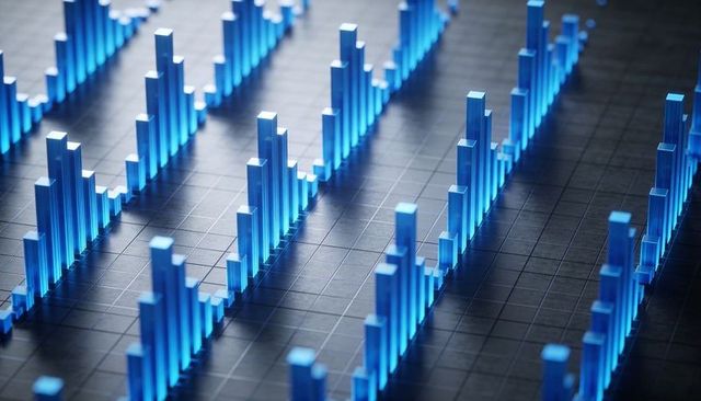 Glassy Blue Vertical Bars Forming Waveforms on Dark Grid Representing Data Analytics