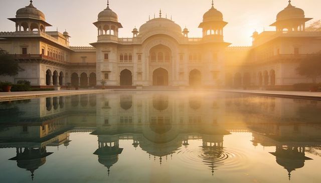 Sunrise reflecting mughal-style palace with domes and arched gateway over tranquil pool