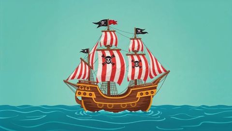 Wooden pirate ship sailing with striped sails and skull flags