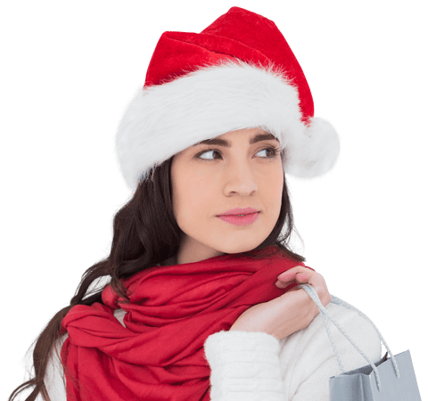 Brunette Woman in Santa Hat holding Shopping Bag on Transparent Background