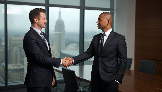 Executives Shaking Hands in Modern Conference Room with Skyline View