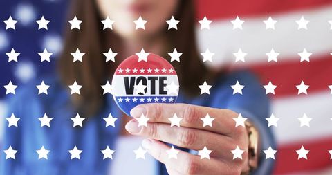 Woman holding vote badge with patriotic stars and stripes background