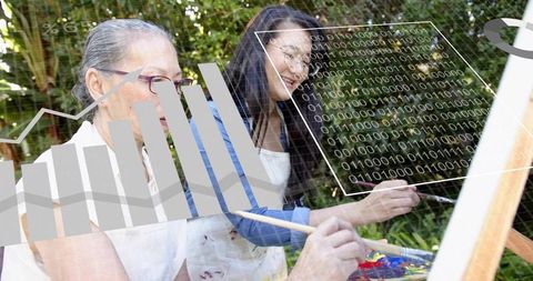 Older woman and young woman painting outdoors with digital data overlays and analytics