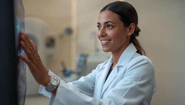 Smiling female radiologist touching touchscreen console in modern imaging room