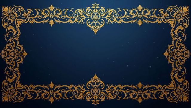 Ornate gold filigree rectangular frame on deep navy backdrop for elegant invitations