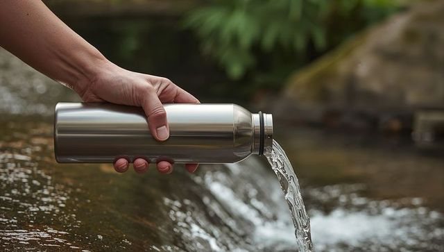 Hand pouring water from stainless steel bottle into shallow creek for outdoor hydration