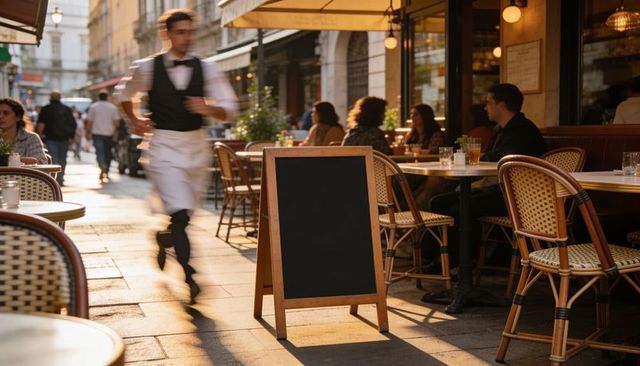 Sunlit bistro chalkboard sign standing on paved sidewalk with busy waiter rushing by